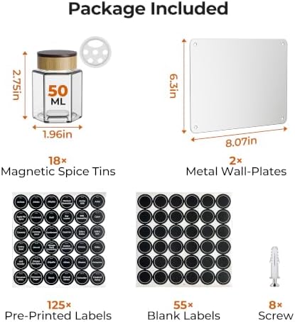 Vetacsion Set of 18 Magnetic Glass Spice Tins with 100 Preprinted Seasoning Label Stickers (Include Black Metal Wall-Plates)