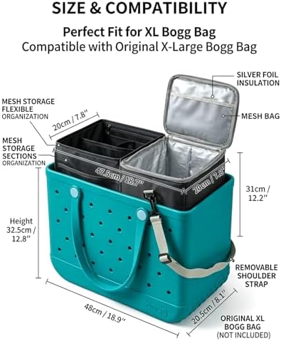 Insulated Cooler Organizer Insert Compatible with XL Bogg Bag,2-in-1 Dry-Wet Separate Tote Insert Leakproof Cooler&Mesh Storage Bag,Bogg Bag Accessories for Beach,Camping