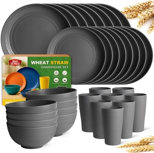 Teivio 32-Piece Plates and Bowls Sets for 8, Gray Matte Dinnerware Sets