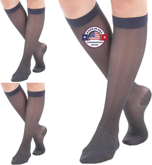 (3 Pairs - Closed Toe) Made in USA - Sheer Compression Socks for Women 15-20mmHg - Compression Stockings for Varicose Veins Circulation, Thrombosis, Embolism - Navy, Medium - A101NV2-3