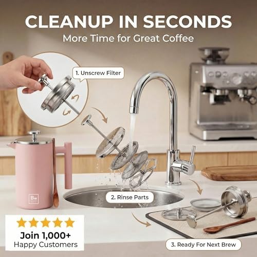 Barista Warrior French Press Coffee Maker - Double-Wall Stainless Steel Insulated French Press with Built-In Thermometer, Dual Filters Coffee Maker with Wooden Spoon - Pink