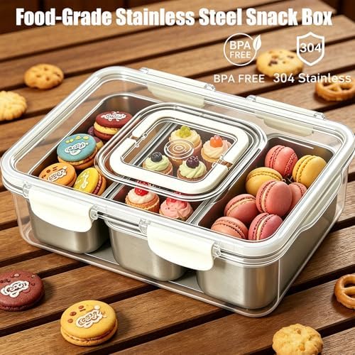 Snackle Box Container, Stainless Steel Divided Serving Tray with Lid and Handle, Large Snack Tray for Fruit Veggie Candy, 3-Compartment Snack Platter for Travel Party Beach Picnic