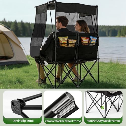 Asrug Padded Double Camping Chair with Canopy 2 Person Folding Camping Chair Loveseat with Cup Holders and Side Pockets Heavy Duty Camping Couch for Outdoor Beach 650lbs Support (Black & Dark Gray)