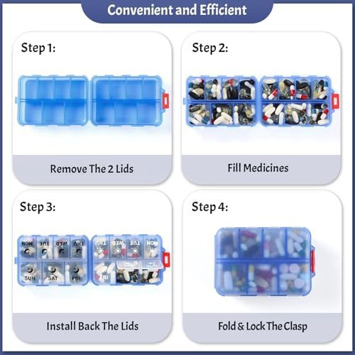 Foldable Portable 7 Day Pill Organizer 2 Times a Day, AM PM Weekly Pill Box