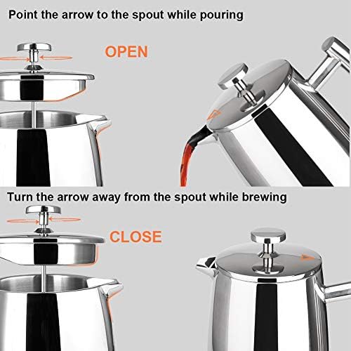 Secura French Press Coffee Maker, 17-Ounce, 304 Stainless Steel Insulated Coffee Press with Extra Screen