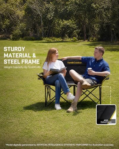 FanttikOutdoor Zeta L11 Duo Pro Double Camping Chair, 2 Person Portable Folding Couch, Up to 600 lbs, High Strength Loveseat with Cup Holder & Carry Bag for Travel, Patio, Games, BBQ, Backyard, Black