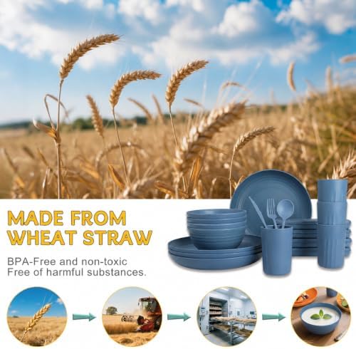 PYRMONT Wheat Straw Dinnerware Sets 28 Pcs Bowls and Plates Set(Blue)