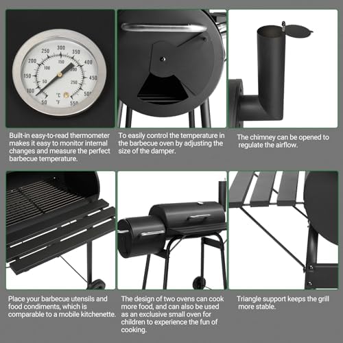 43.7" Portable Barrel Charcoal Grill,Metal Outdoor Barbecue Smoker,Heavy Duty Outdoor BBQ Grill,Vertical Camping Barbecue Grill,with Side Table & Wheels,for Garden Patio Beach Backyard (Black)