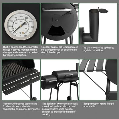 43.7" Portable Barrel Charcoal Grill,Metal Outdoor Barbecue Smoker,Heavy Duty Outdoor BBQ Grill,Vertical Camping Barbecue Grill,with Side Table & Wheels,for Garden Patio Beach Backyard (Black)