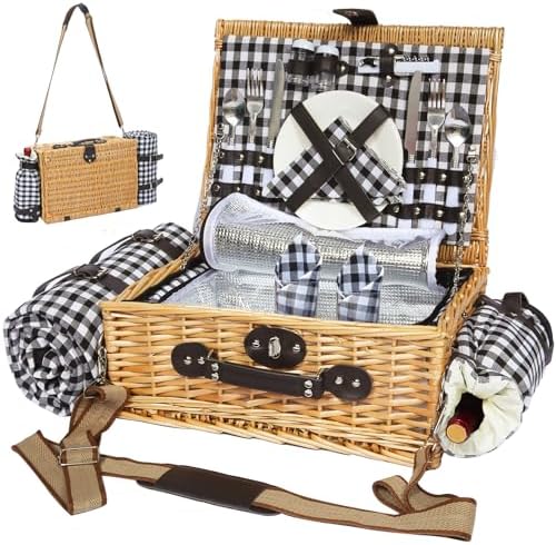Picnic Basket for 2 with Blanket and Wine Pouch for Couples