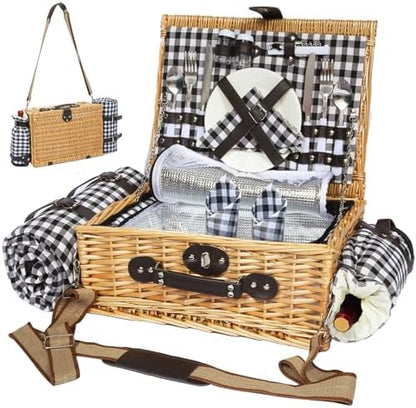 Picnic Basket for 2 with Blanket and Wine Pouch for Couples
