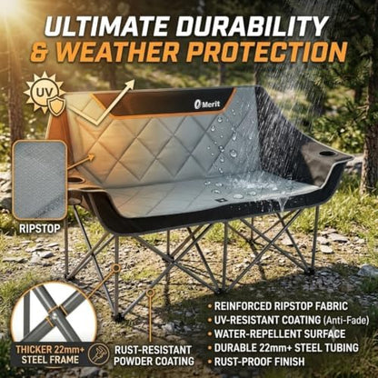 EMERIT Oversized Fully Padded Camping Chair, Heavy Duty 650LB Folding Camping Loveseat, Quad Fold Double Camping Couch with Cup Holders & Carry Bag for Outdoor, Lawn, Sports Events Black
