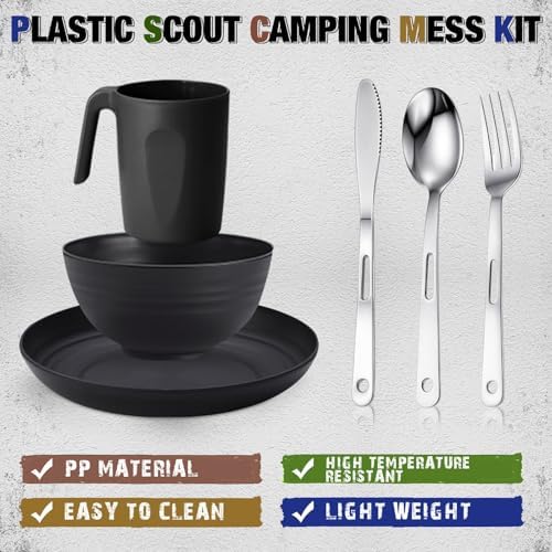 Scout Camping Mess Kit for Person Boy Scout Dishes Set Girl Scout Mess Kit with Mesh Bag Reusable Light Weight Eating Utensils Plastic Camping Cutlery Set for Travel Camp