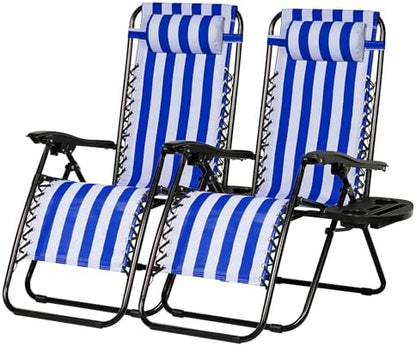 Nazhura Set of 2 Relaxing Recliners Patio Chairs Adjustable Steel Mesh Zero Gravity Lounge Chair Beach Chairs with Pillow and Cup Holder (Navy Blue Stripe)