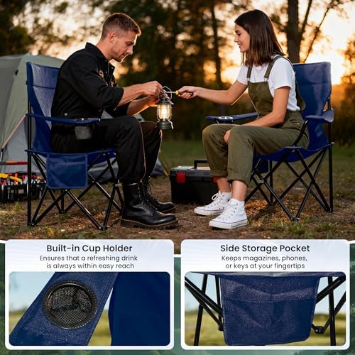 Portable Camping Chair 2 Pack, Folding Outdoor Chair with Cup Holder & Side Pocket for Camping, Hiking, Picnic, Beach (Navy Blue)