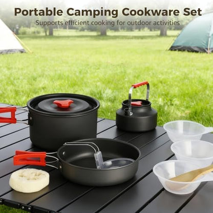10 PCS Camping Cookware Set, Camp Pot Pan Kettle Plastic Bowls Soup Spoon, Lightweight Aluminum Outdoor Cooking Set with Drawstring Storage Bag for Backpacking Hiking RV Trip