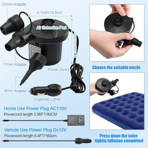 4 Pcs Camping Tent Set Include 1-2 Person Tent, Sleeping Bag, Air Mattress and 110v Ac/12v Electric Air Pump with 3 Nozzles Easy Set up Shelter with Rain Fly and Carrying Bag for Outdoor