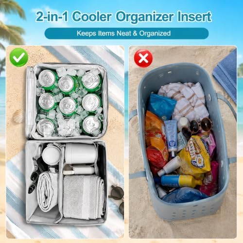 2-in-1 Insulated Cooler Organizer Insert for Bogg Bag XL – Leak-Proof Ice Chest with Zipper and Cup Holder Included – Lightweight Mesh Divider Pouch for Beach, Camping, Road Trips