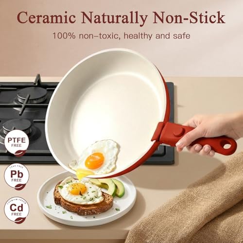 GiPP 5PCS Pots and Pans Set Non Stick, Nonstick Cookware Set Detachable Handle, Ceramic Pots for Cooking Non Stick with Removable Handle, RV Cookware Set for All Stoves, Red Black Gradien