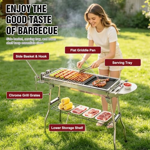 Portable Charcoal Grill, Large Outdoor BBQ Grill with Storage Shelf