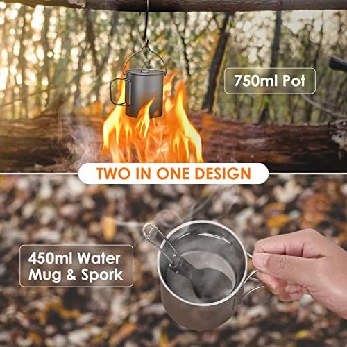 TOMSHOO 750ml Titanium Pot with Lid + 450ml Titanium Mug + Folding Spork
