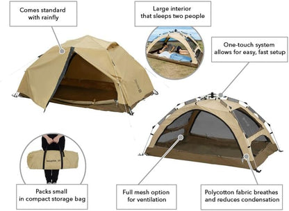 DOD Wagaya 1Pull Tent - 2 Person Breathable Polycotton Inner Tent - Waterproof Instant Setup Dome Camping Tent with Enclosed Awning - Easy Pop Up - Tan