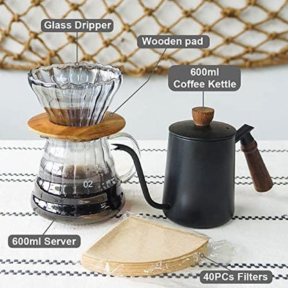 SOTECH Pour Over Coffee Maker Set with Black Gooseneck Kettle Wooden Storage Tray Coffee Dripper Glass Server Coffee Scoop DIY Manual Coffee Maker Set (Portable Sack Set) (coffee maker set)