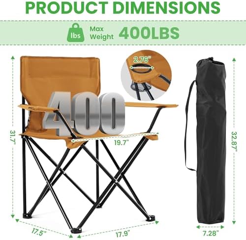 2 Pack Portable Camping Chairs Folding Lawn Chair Outdoor Lightweight Beach Chair with Cup Holder & Carry Bag for Outside Sports, Fishing, Hiking, Travel, Picnic, Backyard (Orange, Medium)