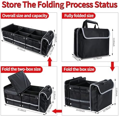 Car Trunk Organizer with Removable Cooler Bag - Collapsible Multi-Compartment Storage for SUV Truck Groceries Camping, Durable Nylon Auto Cargo Organizer (Black)