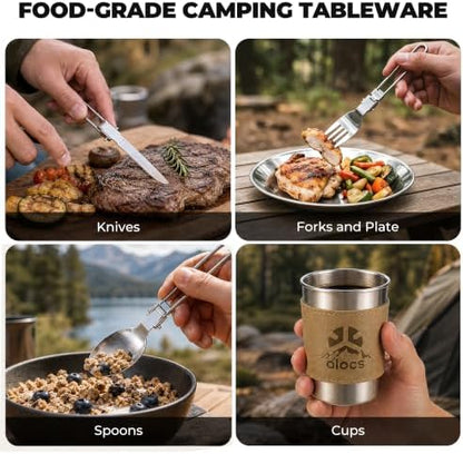 ALOCS 19pcs Camping Cookware Mess Kit, Pots and Pans Set with Kettle