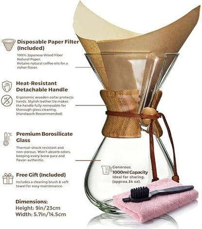 AGOGO Pour Over Coffee Maker Set, 34oz Classic Style, 50 Paper Filters