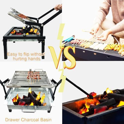 360° Rotating BBQ Grill, Outdoor Flipping Charcoal Grill