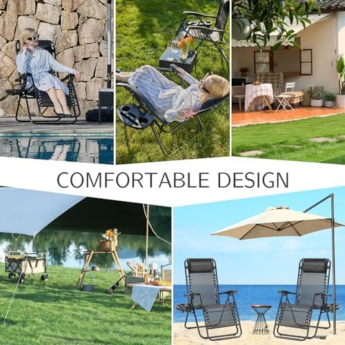 Sweetcrispy Zero Gravity Chairs, Set of 2 Portable Recliner Beach Camping Patio Outdoor Folding Lounge Chair with Cup Holder Trays and Adjustable Pillow for Poolside, Garden, Backyard, Lawn, Black