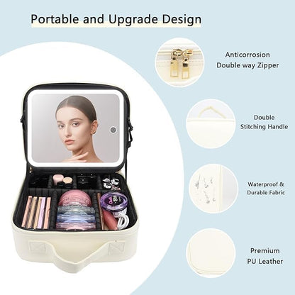 Makeup Bag with Led Mirror,Travel Makeup Organizer with 3 Color Setting & 10X Magnifying Mirror, Portable Storage and Adjustable Dividers Travel Makeup Bag-white