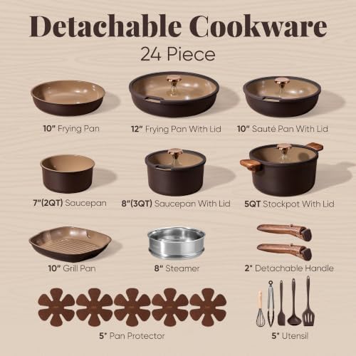 CAROTE 24Pcs Ceramic Cookware Set with Detachable Handle, Non-Toxic Pots and Pans Set Nonstick, Dishwasher/Oven Safe Non Stick Pot and Pan, Kitchen, Camping Use Cooking Set, All Stoves Compatible