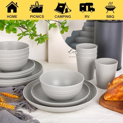 LIYH Grey 16 Pcs Unbreakable Wheat Straw Dinnerware Sets Kids BPA Free