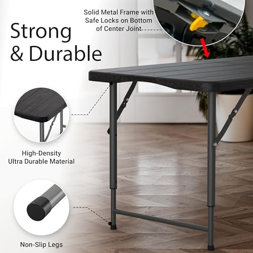 2 PACK of 4 Feet Foldable Table Adjustable Height with Built in Handle, Steel Legs | 4FT Heavy Duty Portable | Perfect for Party Dining Wedding Events Picnic Indoor Outdoor Camping Folding - 4 Foot