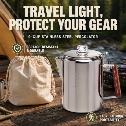 Camping Coffee Percolator Stainless Steel, Stovetop Camp Coffee Maker 9 Cup