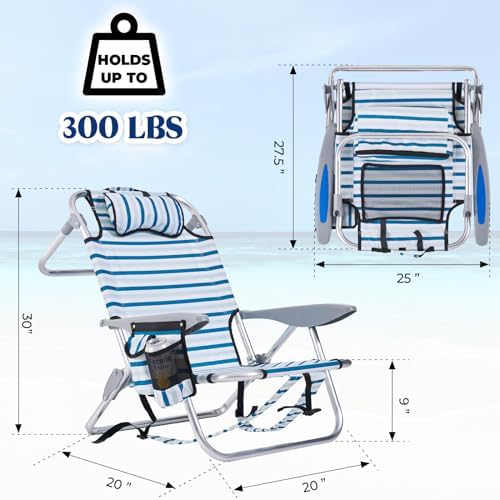 2 Pack Lightweight Portable Camping Beach Chair for Adults, Outdoor Lay Flat Folding Beach Chairs with 5 Positions, Backpack Beach Chair with Towel Bar, Zipper Pouch, Cup Holder, White Striped