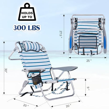 2 Pack Lightweight Portable Camping Beach Chair for Adults, Outdoor Lay Flat Folding Beach Chairs with 5 Positions, Backpack Beach Chair with Towel Bar, Zipper Pouch, Cup Holder, White Striped