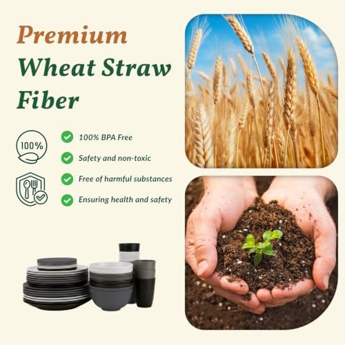 Homienly 40 PCS Kitchen Plates and Bowls Sets for 8 Wheat Straw Dinnerware Sets Microwave and Dishwasher Safe Camping Dish Set Plate Set, Kids, Reusable, Unbreakable, Lightweight-BlackGrey
