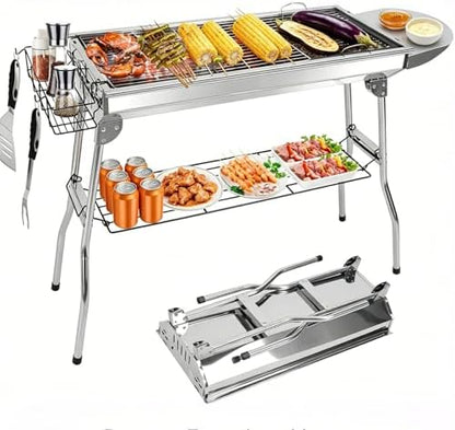 Charcoal Grills,Stainless Steel Folding Portable BBQ Grill Large Charcoal Grill for Garden Backyard Party Picnic Travel Outdoor Cooking Use With Non-Stick Frying Pan