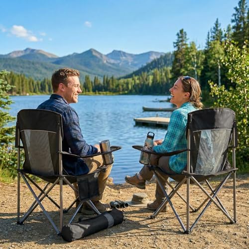 2 Pack Camping Chairs for Adults,Oversized Mesh Back Lawn Chair with Cup Holder, Side Pocket&Bag for Outdoor,Beach,Picnic,Fishing,and Sports,Breathable,Heavy Duty,Black