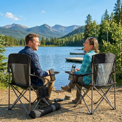 2 Pack Camping Chairs for Adults,Oversized Mesh Back Lawn Chair with Cup Holder, Side Pocket&Bag for Outdoor,Beach,Picnic,Fishing,and Sports,Breathable,Heavy Duty,Black