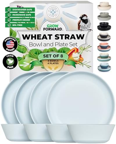 Grow Forward Premium Wheat Straw Plates and Bowls Sets - 8-Piece Wheat Straw Dinnerware Sets - Unbreakable & Reusable Microwave Safe Plastic Dinner Plates for Outdoors, RV, Camping Dishes - Glacier