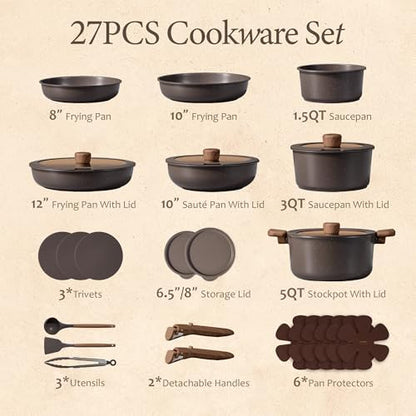 CAROTE 27pcs Pots and Pans Set Non Stick, Detachable Handle Cookware