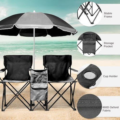 Outvita Folding Double Camping Chair w/Umbrella, Cooler for Beach Patio L