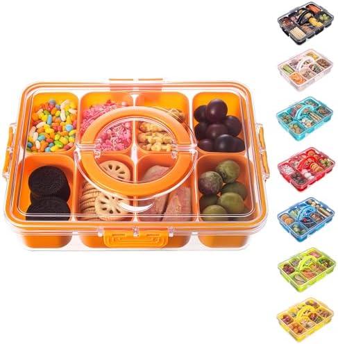 Dingerjar Divided Serving Tray with Lid and Handle - Snackle Box Charcuterie Container for Portable Snack Platters Organizer for Candy, Fruits, Nuts, Snacks - Perfect for Party, Entertaining, Orange