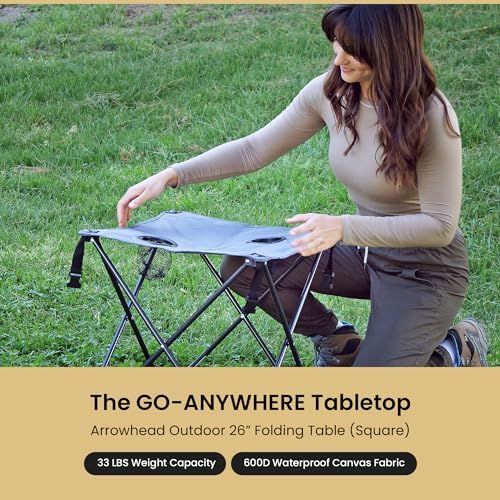ARROWHEAD OUTDOOR 26” (66cm) Portable Camping Folding Table, 2 Cup Holders, Square, Carrying Case, Steel Frame, High-Grade 600D Canvas