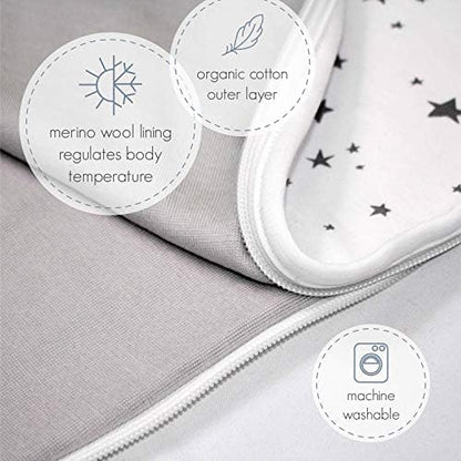 Woolino 4 Season Ultimate Baby Sleep Sack – Merino Wool Baby Sleep Bag, Organic Cotton, Temperature Regulating Wearable Blanket, Adjustable Sleep Sack 2–24 Months, All Season - Star Gray